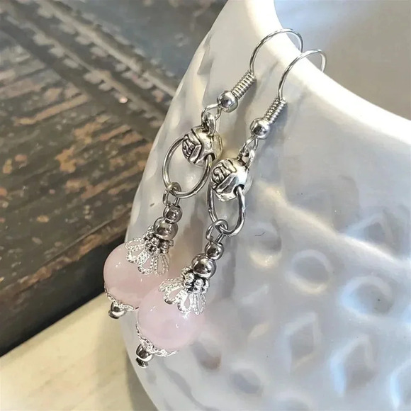 Pink Rose Quartz Lacy Trim Silver Carved Rose Handcrafted Earrings - Picture 6 of 10